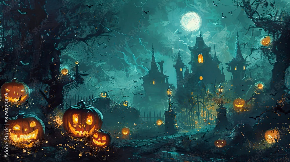Gloomy night scene with a full moon and a gothic mansion in the background. Throughout the image are glowing pumpkins with creepy smiles, surrounded by bats and fog. Gloomy night scene with a full moon and a gothic mansion in the background. Throughout the image are glowing pumpkins with creepy smiles, surrounded by bats and fog.