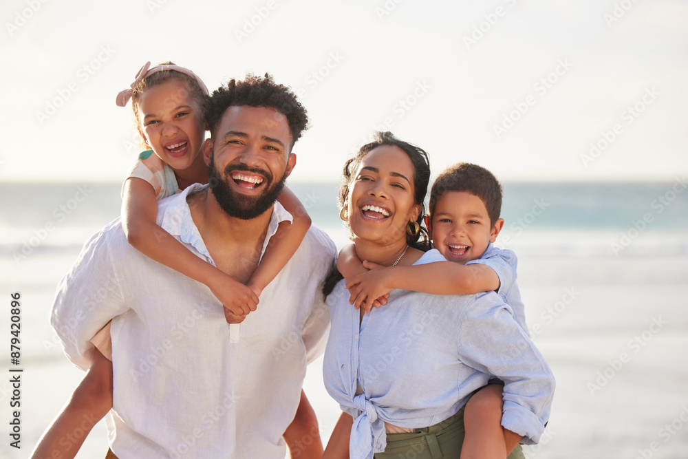 Φωτογραφία Family, children and beach portrait or piggyback, smile and happiness on summer vacation in nature together