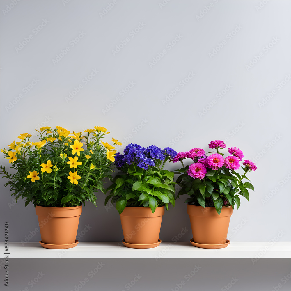 Colorful flowers in pots on white shelf against gray wall background. Colorful flowers in pots on white shelf against gray wall background.