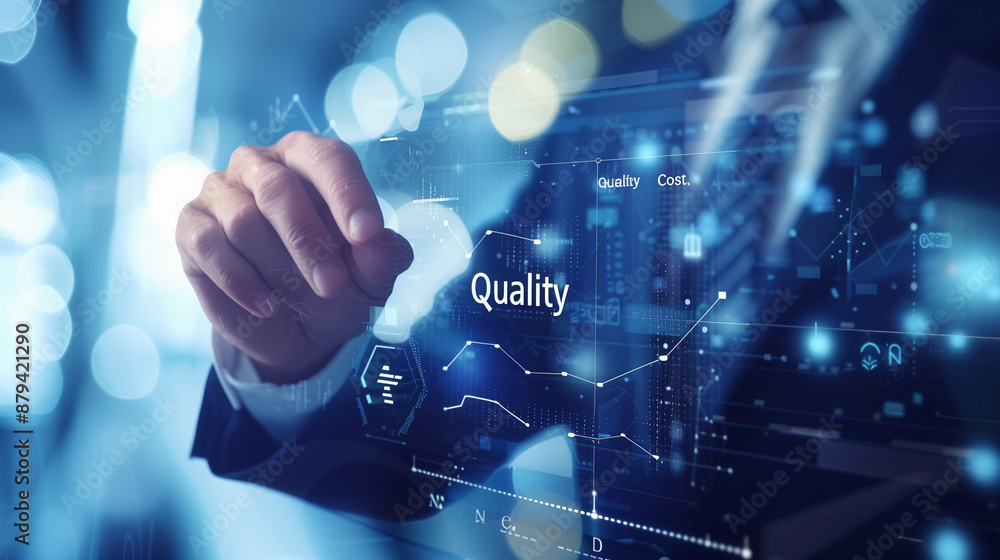 Businessman Interacting with Digital Quality Interface in Futuristic Setting Businessman Interacting with Digital Quality Interface in Futuristic Setting