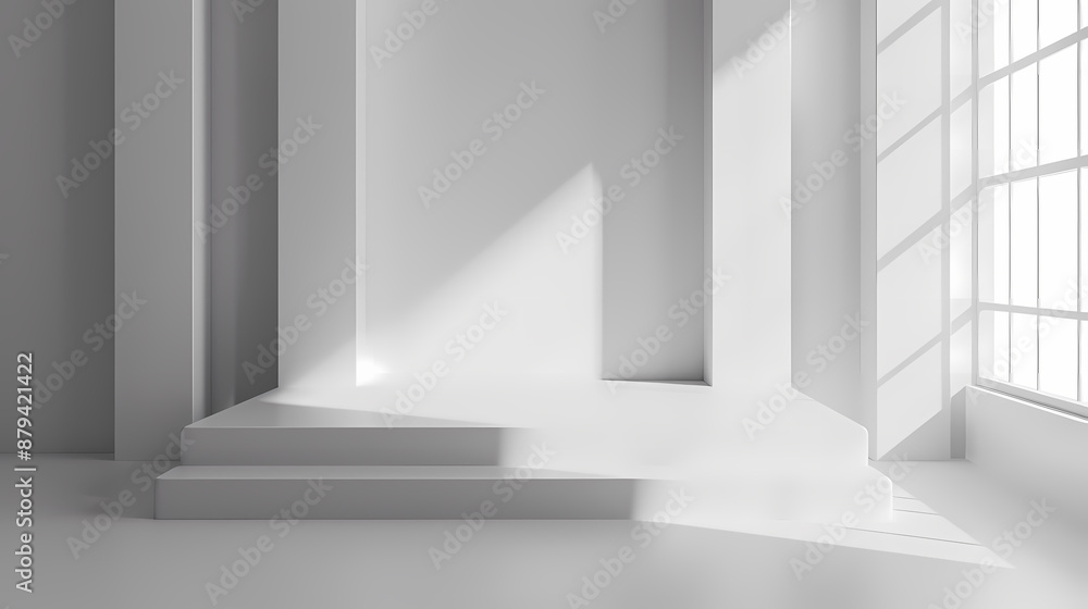 Sunlight streaming through large windows, creating elegant shadows on a white, minimalist interior. Sunlight streaming through large windows, creating elegant shadows on a white, minimalist interior.