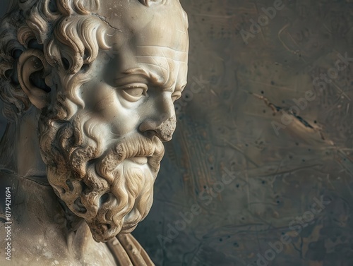 ancient greek sculpture of socrates weathered marble intricate beard detail contemplative expression classical style dramatic lighting photo