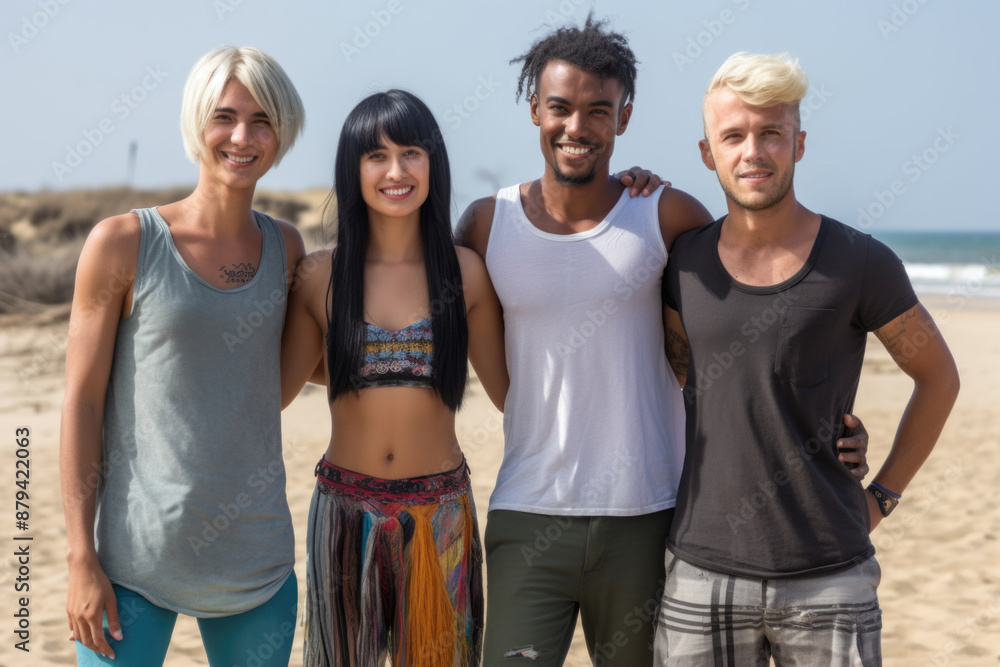 Obraz premium A group of happy diverse friends posing on the beach. 