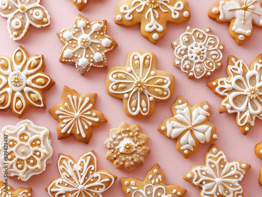 artisanal gingerbread cookies arranged on pastel pink surface intricate icing details warm golden tones contrasting with soft background ample negative space for text artisanal gingerbread cookies arranged on pastel pink surface intricate icing details warm golden tones contrasting with soft background ample negative space for text