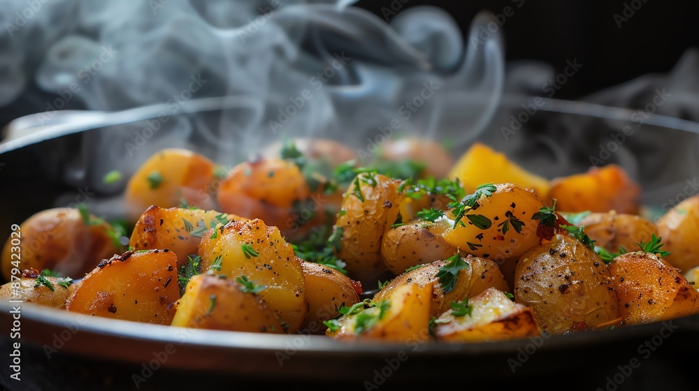 Hot roasted potatoes with steam and herbs, food, side dish Hot roasted potatoes with steam and herbs, food, side dish