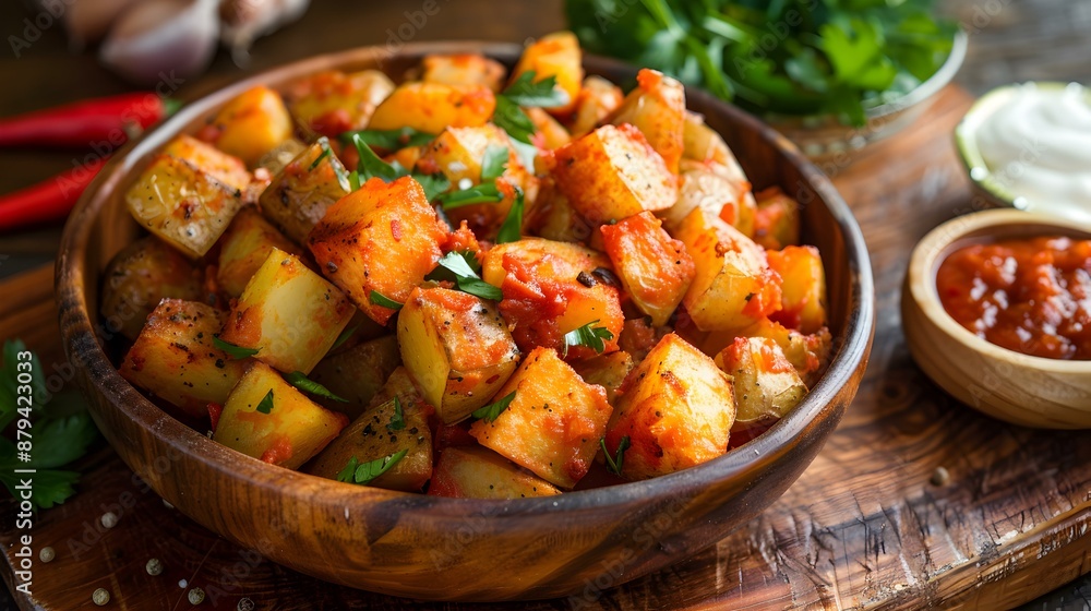 Patatas bravas are spicy potatoes diced and fried Patatas bravas are spicy potatoes diced and fried
