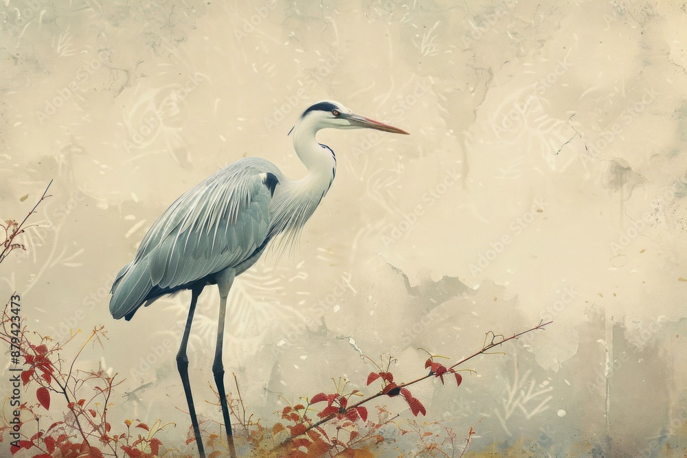 Naklejka premium Grey heron standing on one leg looking for fish in a pond with a vintage background