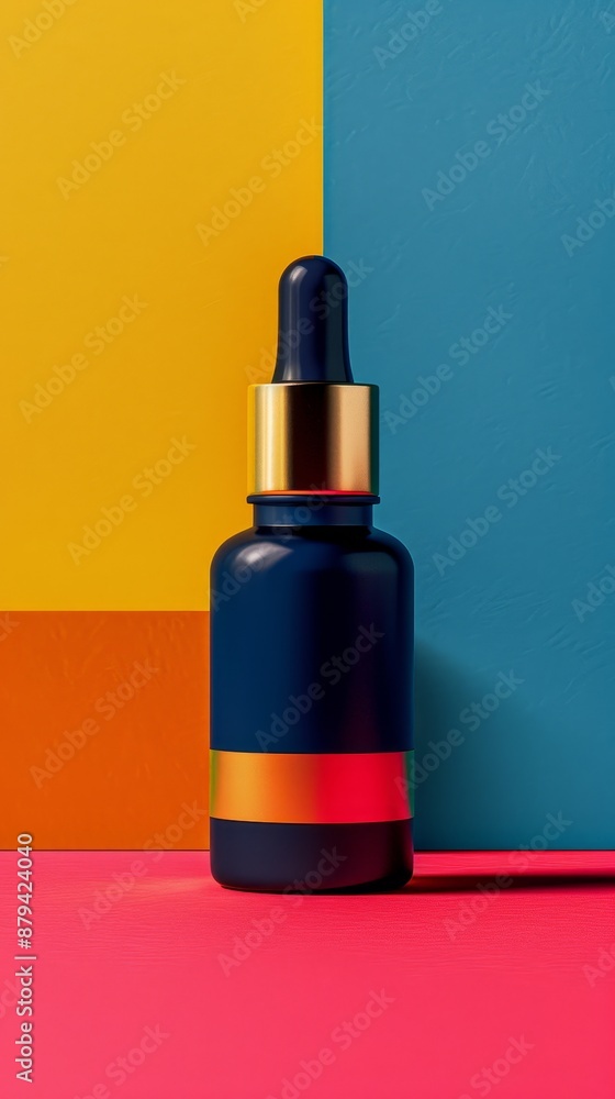 A bottle of perfume is sitting on a colorful background A bottle of perfume is sitting on a colorful background