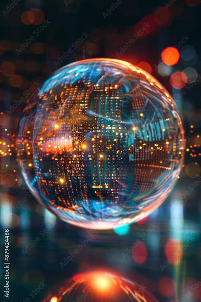 A floating sphere composed of holographic data streams and glowing points of light, with layers of information swirling inside A floating sphere composed of holographic data streams and glowing points of light, with layers of information swirling inside