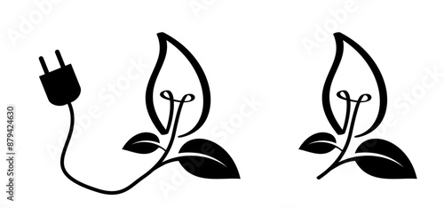 Cartoon electric light bulb ideas. Green bio or eco power icon or symbol. Natural energy lamp and leaves and electric plugs. Electrical cable plug with leaf. Ecology concept. lightbulb or lamp and plu