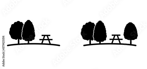 Trees, picnic table or bbq concept. Line pattern. Forest icon. Wood, timber. Trees and leaf. Vacation, holiday logo. Walking area. Nature reserve sign.