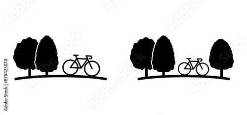 Trees and mountain biker. Line pattern. Forest, bike sports icon. Wood, timber. Trees and leaf. Vacation, holiday logo. Bicycle area. Nature reserve sign. Cycling, cyclist sport. Trekking route.