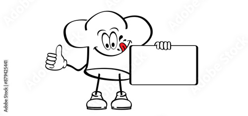 Cartoon mascot, chef's hats. Chef clothing uniform caps. Vector icon or symbol. Toque cuisine chef for kitchen. Chef hat or cap. Cook logo. Stickman and Empty signboard. Restaurant sign and symbol.