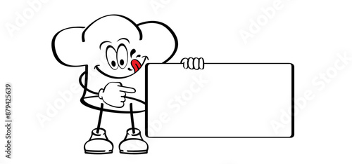 Cartoon mascot, chef's hats. Chef clothing uniform caps. Vector icon or symbol. Toque cuisine chef for kitchen. Chef hat or cap. Cook logo. Stickman and Empty signboard. Restaurant sign and symbol.