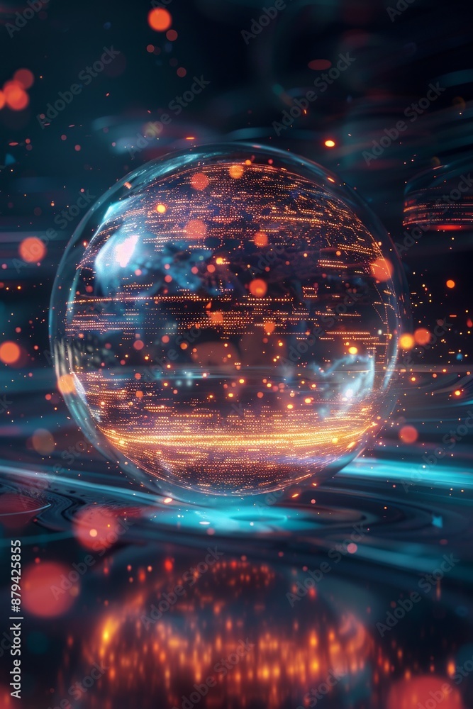 A floating sphere composed of holographic data streams and glowing points of light, with layers of information swirling inside A floating sphere composed of holographic data streams and glowing points of light, with layers of information swirling inside