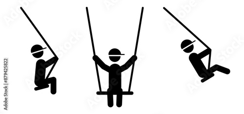Children swing on swing. Stickman play swinging on a swing. Stick figure man playing on a swin. gymnastic idea. Little kid sitting and playing swinging. Kids swings