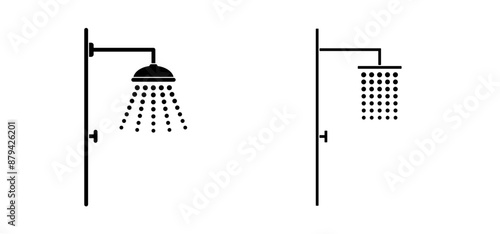 Cartoon Home, hotel shower head with water drops. Vector bathroom tools. Water shower symbol. for shower stall or shower bath and bath room, bathing hot water. Douche icon. Showerhead logo