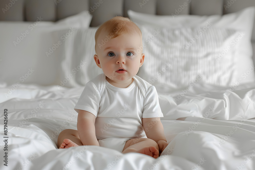 Baby White Shirt Bodysuit Mockup on White Bed Background Baby White Shirt Bodysuit Mockup on White Bed Background