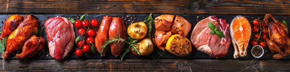 Meat and Chicken. Collage of Fresh Raw Meat and Chicken in Wooden Banner