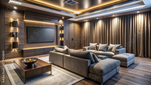 Sleek, modern living room transformed into an intimate cinematic sanctuary with concealed speakers, sumptuous seating, and darkening drapery.