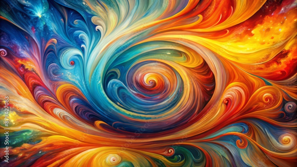 Vibrant abstract painting background featuring harmonious blend of warm and cool colors in swirling, expressive, eye-catching design elements. Vibrant abstract painting background featuring harmonious blend of warm and cool colors in swirling, expressive, eye-catching design elements.