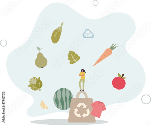 Eco friendly products with recyclable and organic packaging tiny person concept.Grocery items from zero waste shops as natural.flat design.illustration with people.