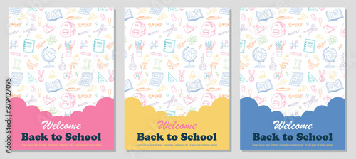 Back to school poster set, checkered background. Vector minimalist design with school supplies, stationery. Templates for ads, branding, banner, flyer, sale