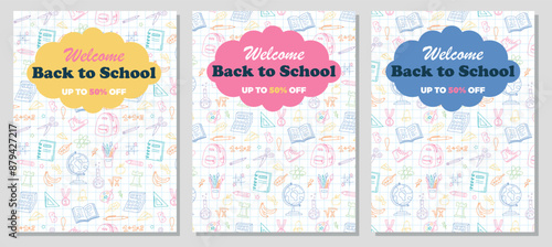 Set of Back to School banners. Posters or covers set in trendy doodle style, checkered background. Hand drawn school supplies, stationery. Vector template for social media, banner, flyer, post 