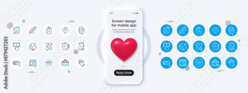 Phone mockup with 3d heart icon. Food market, Payment click and Shopping cart line icons. Pack of Info app, Clapping hands, Coffee cup icon. Carousels, Fireworks, Brand contract pictogram. Vector