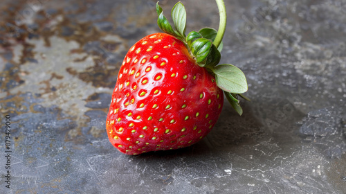 Directly above view of fresh red strawberries with clean green leaves. The strawberries are various sizes and fill the frame of the photograph photo