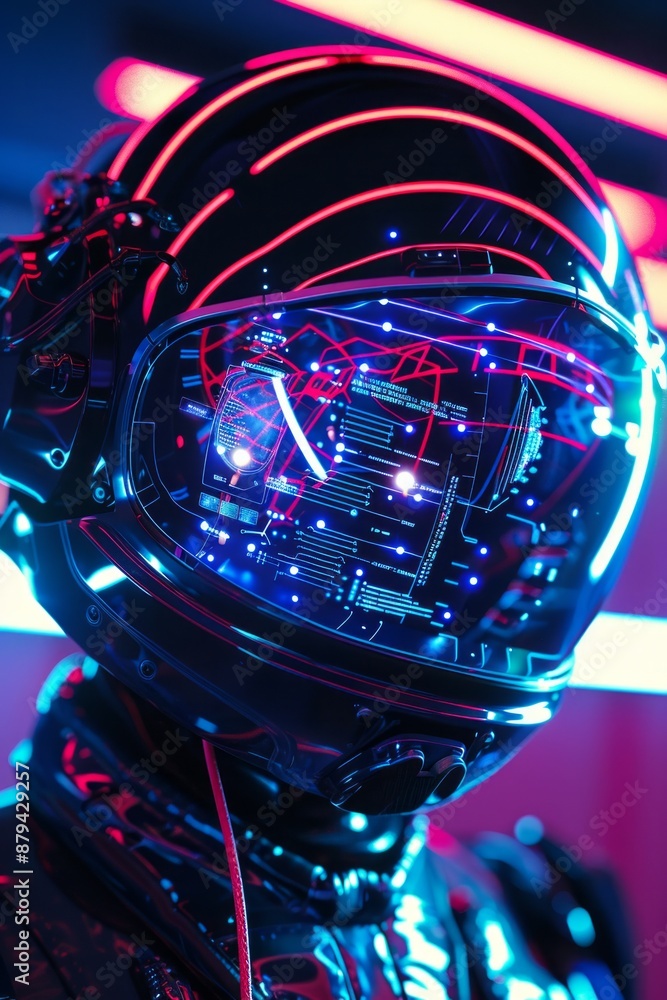 A high-tech helmet with a visor displaying glowing data streams and holographic interfaces in neon colors. A high-tech helmet with a visor displaying glowing data streams and holographic interfaces in neon colors.