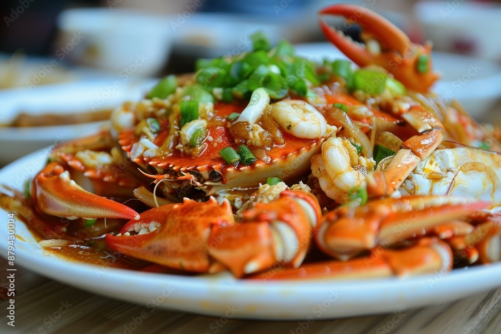 Steamed crab and prawns covered in garlic and spring onions being served on white plate Steamed crab and prawns covered in garlic and spring onions being served on white plate