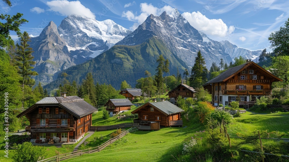 A picturesque mountain village, snow-capped peaks and charming cottages A picturesque mountain village, snow-capped peaks and charming cottages