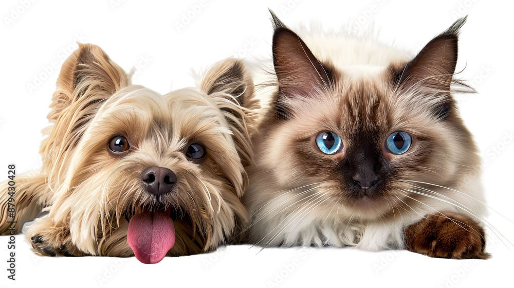 A happy dog and a cat sitting, isolated on blank background cutout. A happy dog and a cat sitting, isolated on blank background cutout.