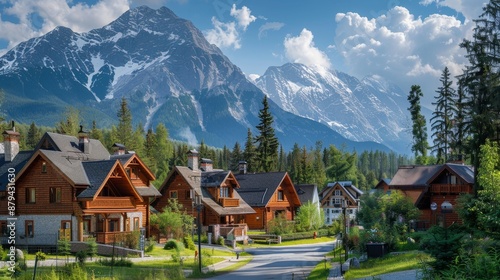 A picturesque mountain village, snow-capped peaks and charming cottages