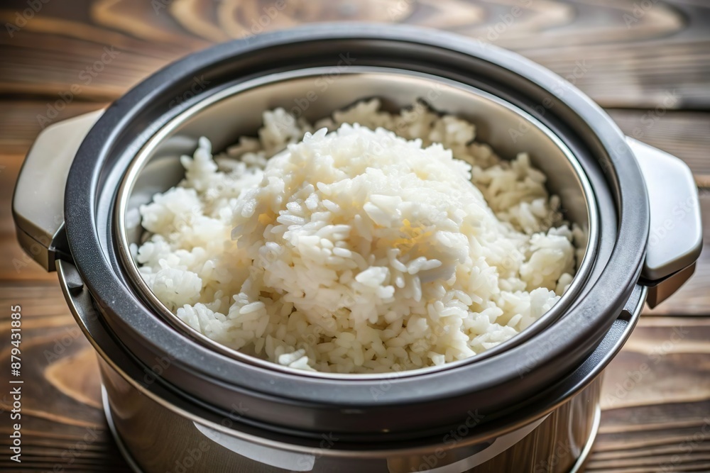 cooked white rice in cooker. Asian staple food cooked white rice in cooker. Asian staple food