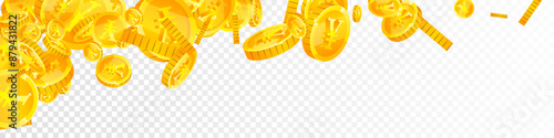 Chinese yuan coins falling. Scattered gold CNY