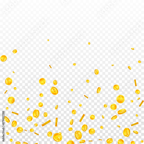 Indian rupee coins falling. Scattered gold INR