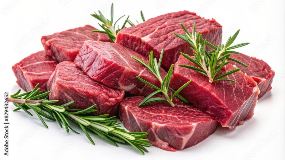 Delicious arrangement of premium marbled raw beef cuts garnished with fresh rosemary sprigs on a transparent isolated background. Delicious arrangement of premium marbled raw beef cuts garnished with fresh rosemary sprigs on a transparent isolated background.