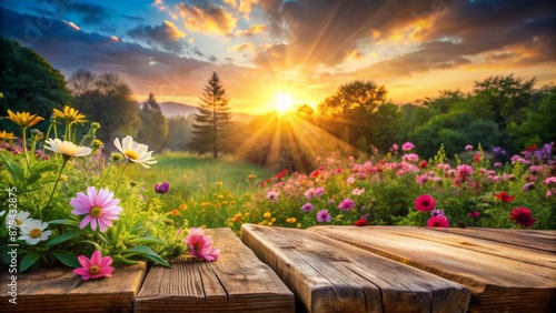 Fototapeta Naklejka Na Ścianę i Meble -  Vibrant sunrise illuminates serene natural scene with rustic wooden board placed amidst blooming flowers and soft, blurred greenery background.