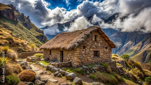 Rustic stone house with aged thatched roof clings to rugged Andean mountain slope in Peru surrounded by scrubby vegetation clouds. photo