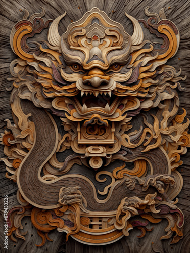 An exquisite wooden carving of a dragon, showcasing intricate patterns and elaborate details. The dragon's fierce expression is highlighted by sharp fangs and intense eyes.