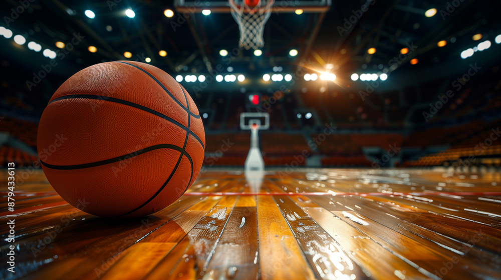 Basketball on empty court with bright lights in a large indoor stadium Basketball on empty court with bright lights in a large indoor stadium