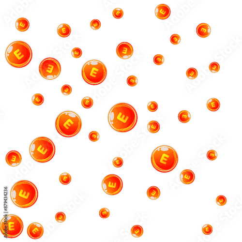 Vitamin E round capsules scattered randomly.