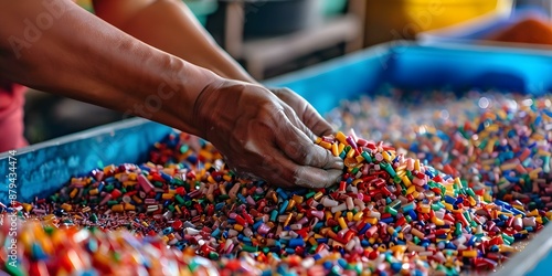 Transformation of Plastic Chips into Weaving Cloth Material by a Woman's Hand at a Factory. Concept Weaving Process, Plastic Chips, Sustainable Fashion, Female Empowerment, Textile Production