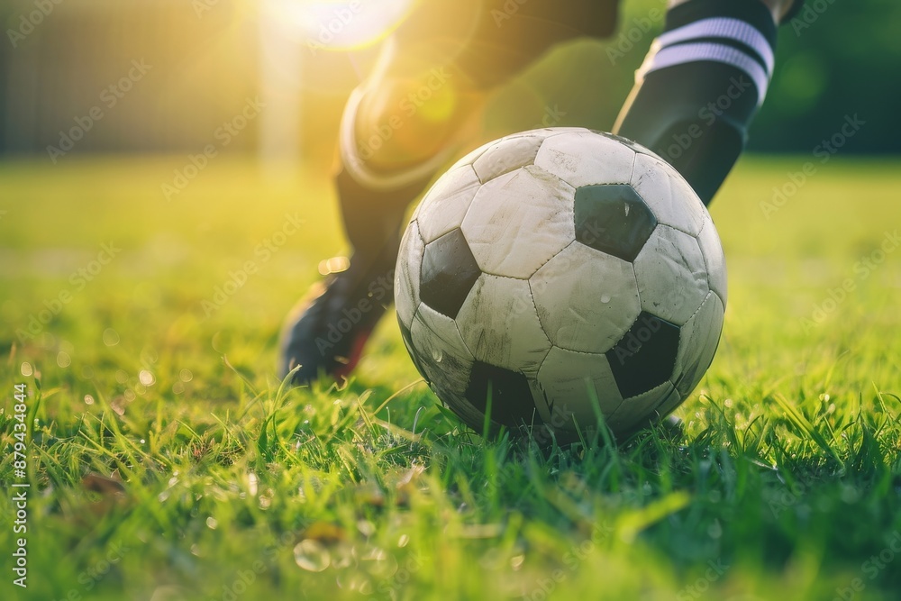 Fototapeta premium A soccer ball lies on the grass with out-of-focus soccer players in the background during a game. Beautiful simple AI generated image in 4K, unique.