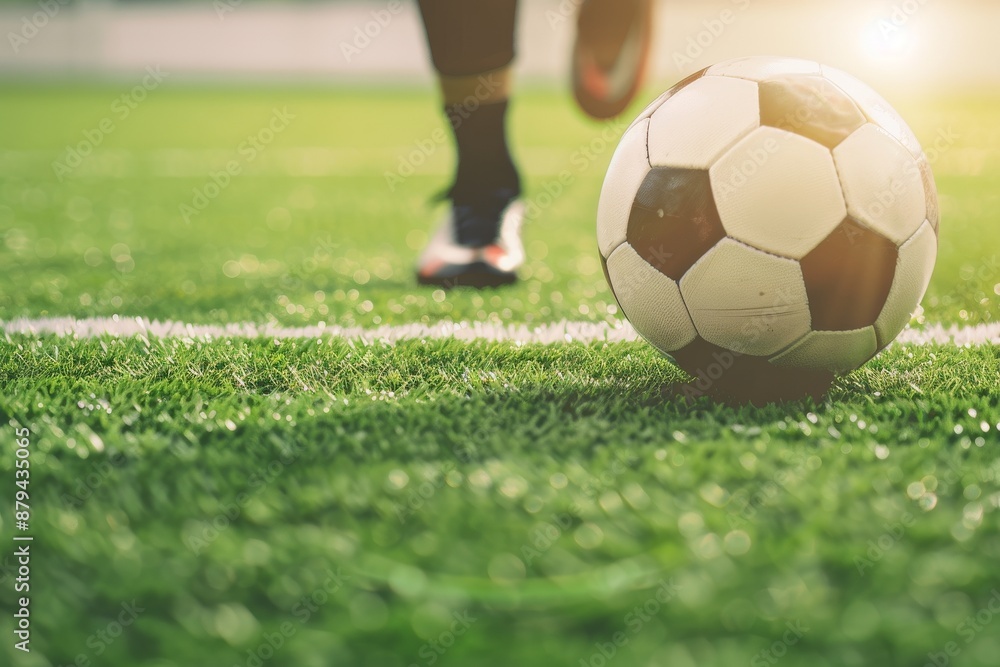 A soccer ball lies on the grass with out-of-focus soccer players in the background during a game. Beautiful simple AI generated image in 4K, unique. A soccer ball lies on the grass with out-of-focus soccer players in the background during a game. Beautiful simple AI generated image in 4K, unique.