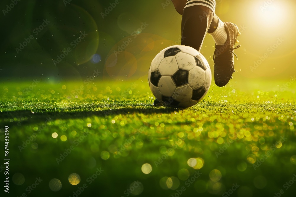Naklejka premium Close-up of soccer ball lies on outdoor soccer field. Soccer game, sports equipment, outdoor sports. Generated by AI. Beautiful simple AI generated image in 4K, unique.