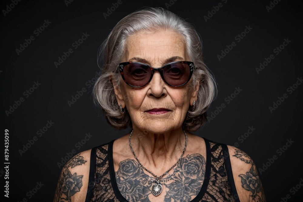 Porträt einer älteren tätowierten Frau mit Sonnenbrille vor dunklem Hintergrund. Porträt einer älteren tätowierten Frau mit Sonnenbrille vor dunklem Hintergrund.