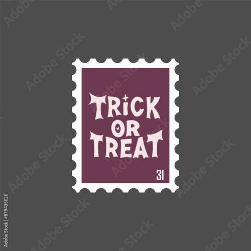 Halloween postmark vector flat Illustration. Retro Postage stamp with trend quate Trick or Treat. Fun postage stamp vector designs for using on envelopes. Mail and post office concept. photo